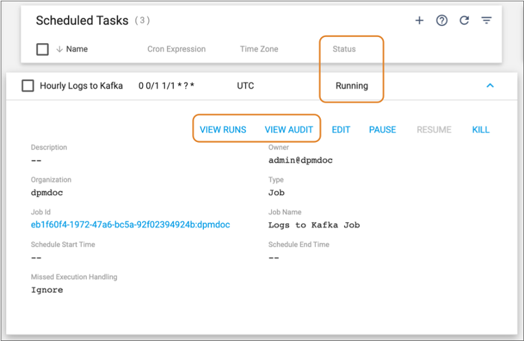 Viewing the runs or the audit for a running scheduled task