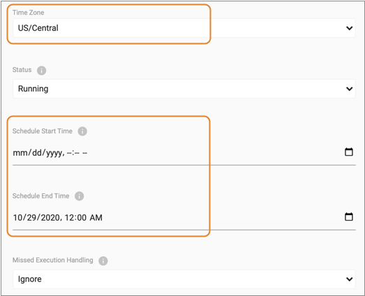 Start and end times configured for a scheduled task