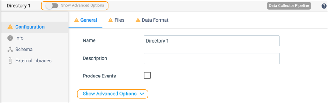 Directory origin properties page with the Show Advanced Options property highlighted