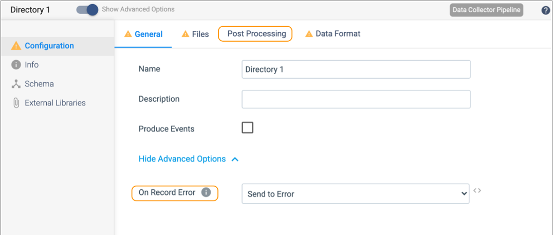 Directory origin properties page with the Show Advanced Options property enabled and the Post Processing tab that appears only when Show Advanced Options is enabled highlighted