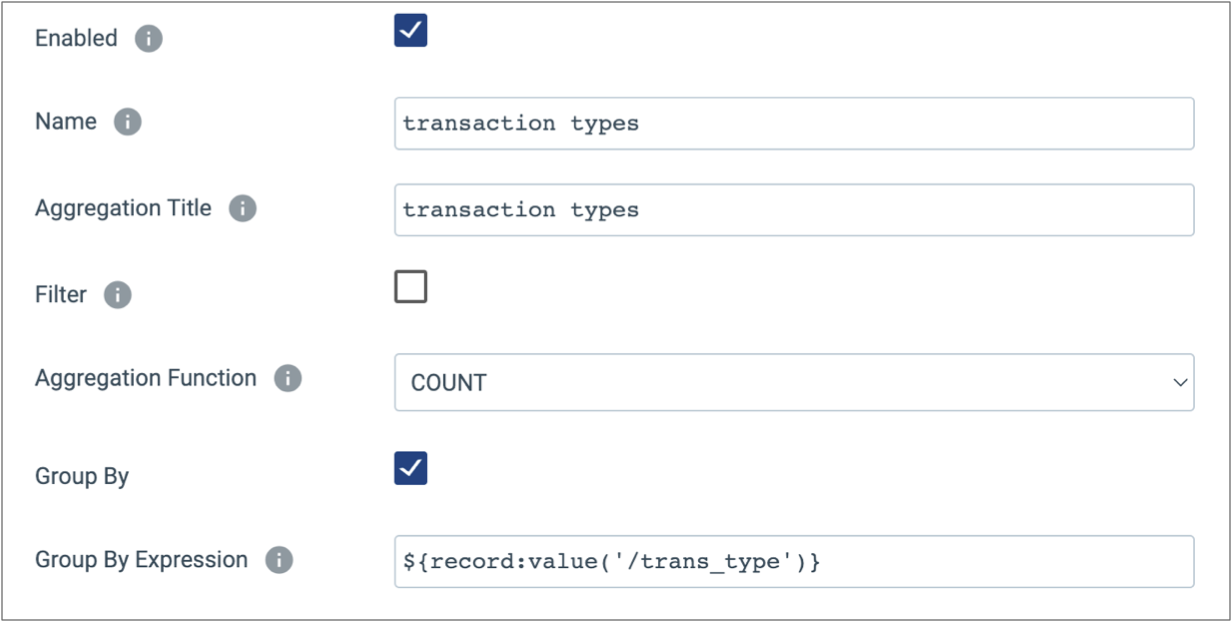 Properties page with the Group By Expression property set to count each transaction type