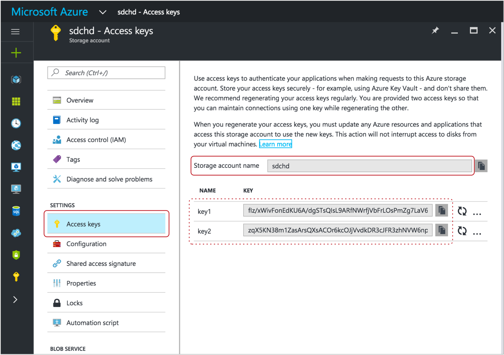 Access Keys page with the storage account name highlighted