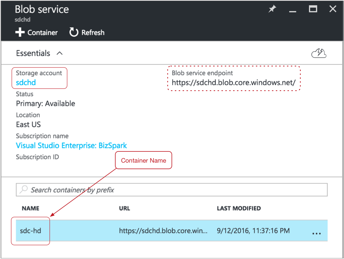 Essentials page with the container name and storage account name highlighted