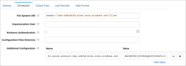 Hadoop FS destination connection properties page