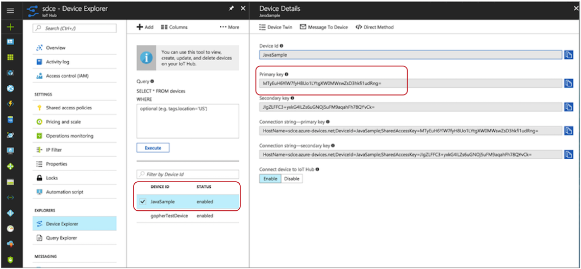 Device Explorer pane with the Device ID and Shared Access Key properties highlighted