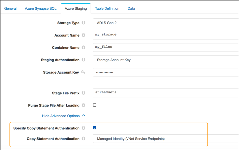 Azure Staging properties page