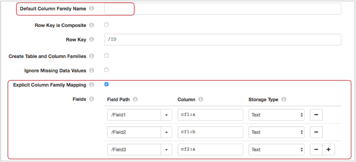 Destination properties with column family properties highlighted