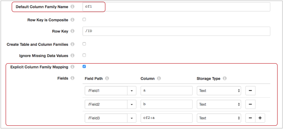 Destination properties with column family properties highlighted