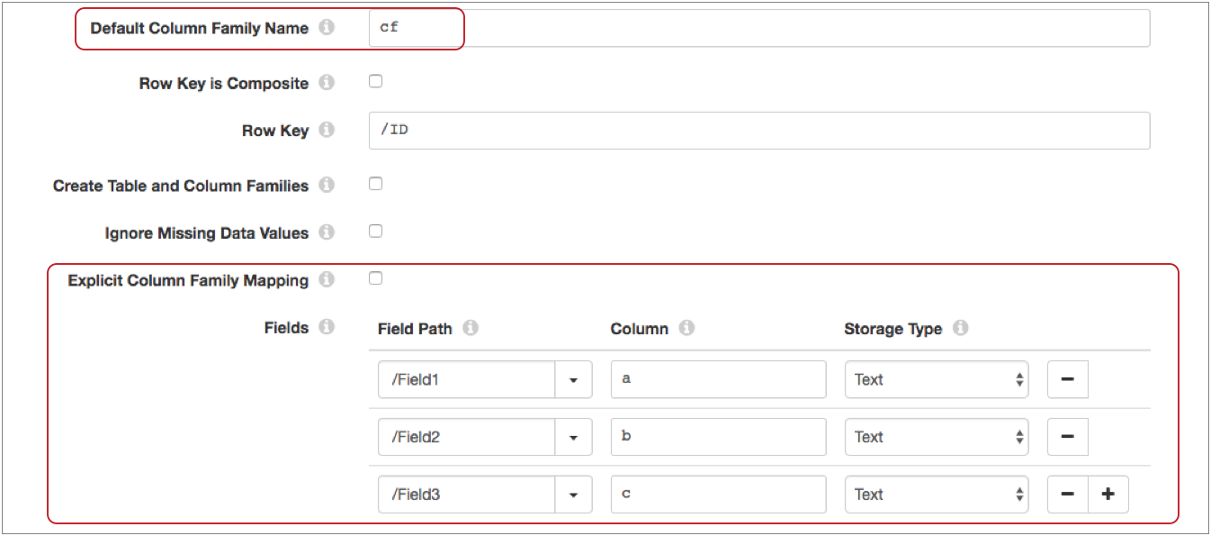 Destination properties with column family properties highlighted