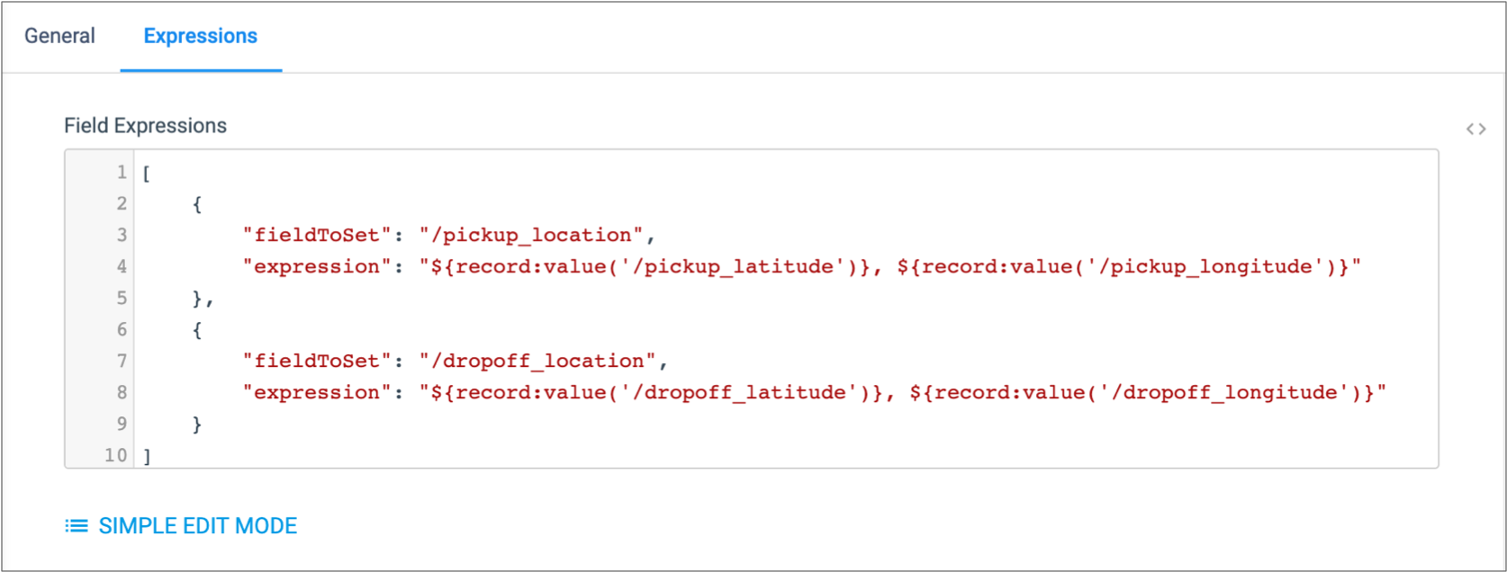 Expression Evaluator properties page showing field expressions configured using bulk edit mode