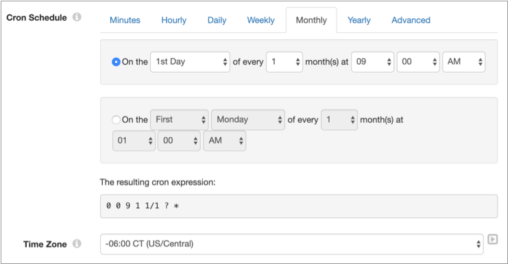 Cron expression that generates records on the first day of every month