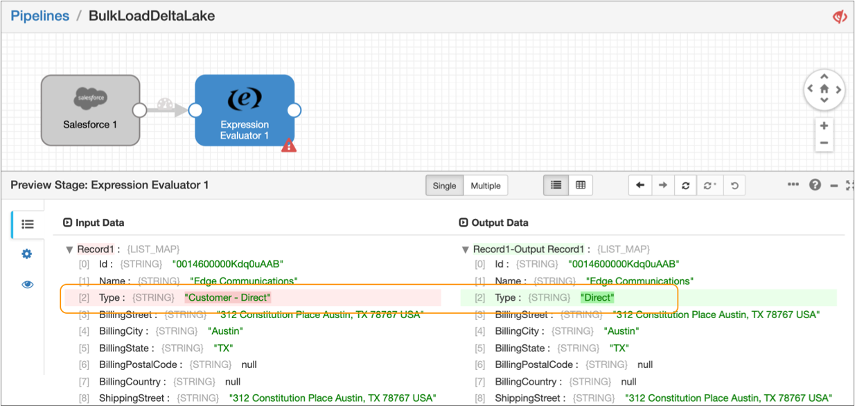 Expression Evaluator preview data with the Type string highlighted
