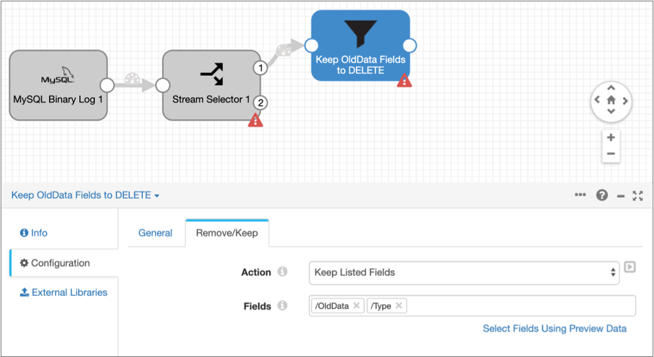 Pipeline with a Stream Selector processor that has two output streams. One output stream goes to a Field Remover processor.