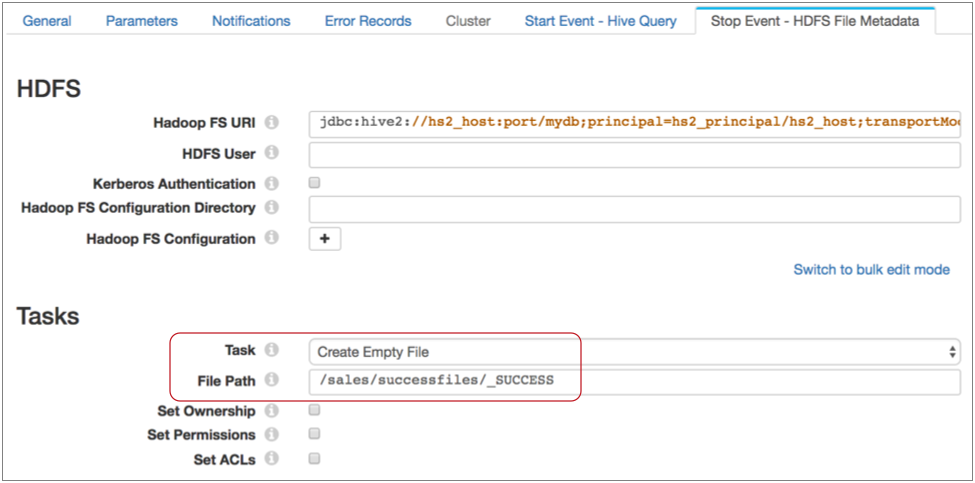 Pipeline Stop Event tab with the Task and File Path properties highlighted