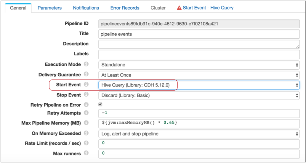 Pipeline properties page with the Start Event property highlighted