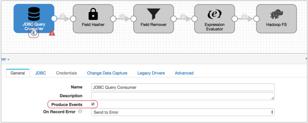 Pipeline canvas with a JDBC Query Consumer origin that is configured to produce events
