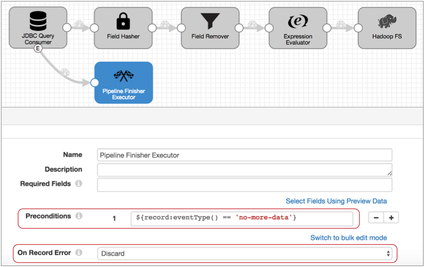 Pipeline canvas with a JDBC Query Consumer origin that passes event records to a Pipeline Finisher executor