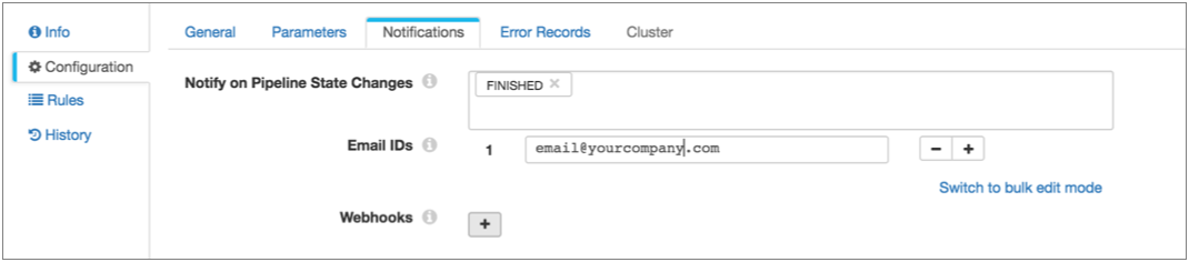 Pipeline notification properties configured to send a notification email when the pipeline state changes to Finished