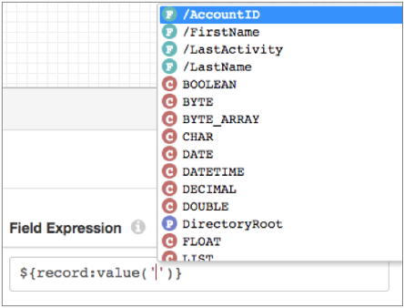 List of valid expression elements including a runtime parameter named DirectoryRoot