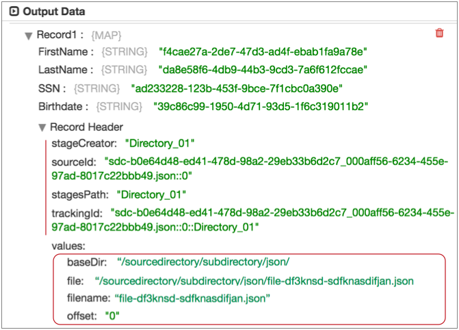 An output data page with the record header list and values highlighted