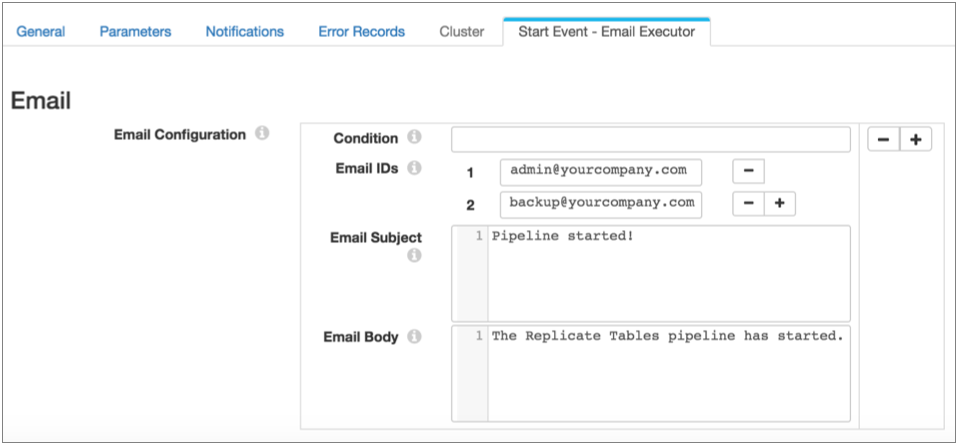 Pipeline properties Start Event tab showing email configuration properties