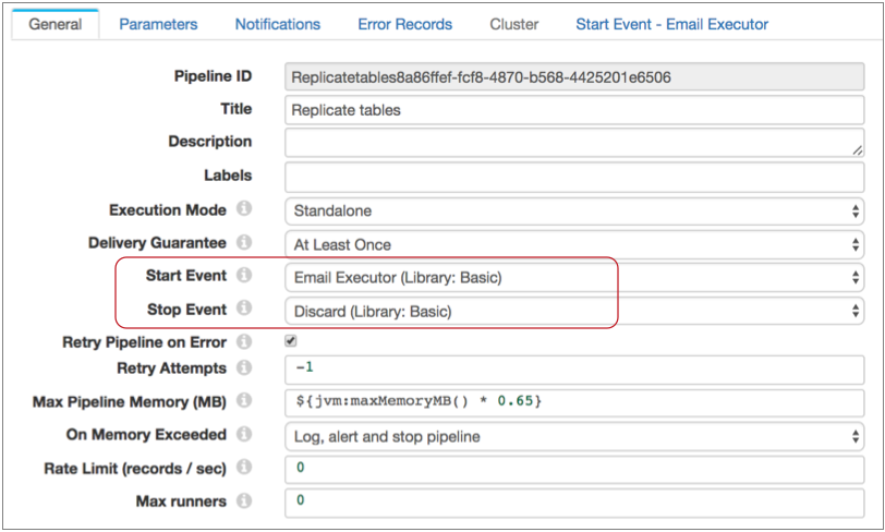 Pipeline properties page configured with the Email executor for the Start Event and the default Discard as the Stop Event