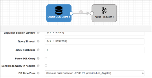 Pipeline with an Oracle CDC Client origin that sends data to a Kafka Producer destination