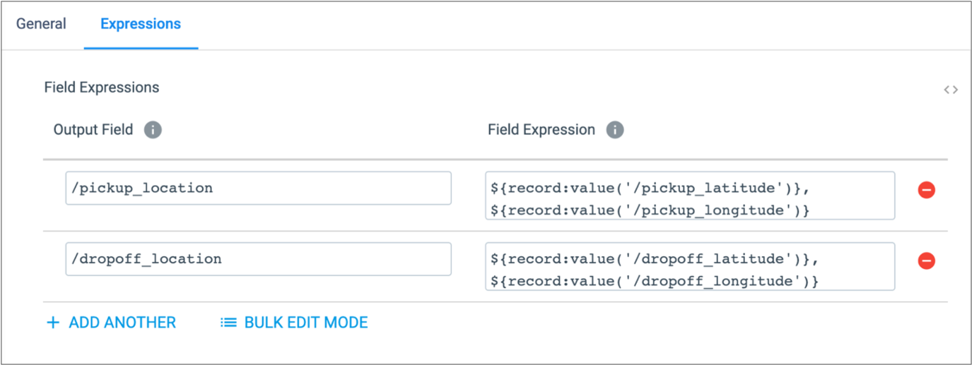 Expression Evaluator properties page showing field expressions configured using simple edit mode