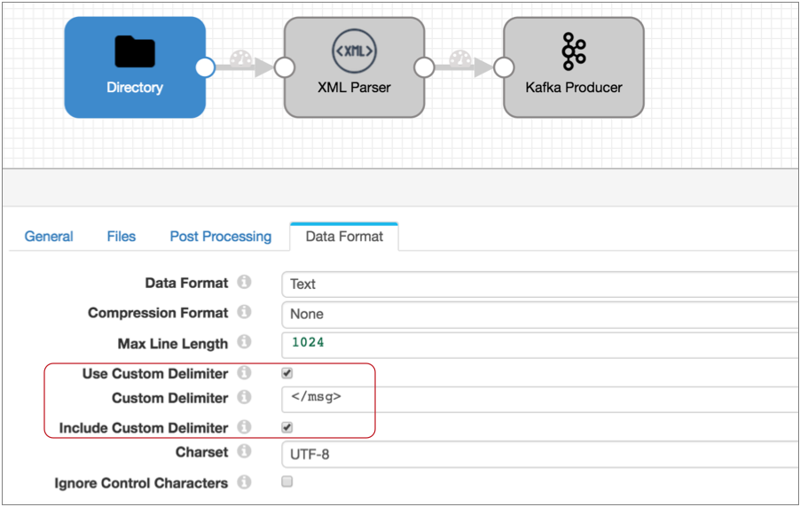 Data Format properties page showing custom delimiter properties configured