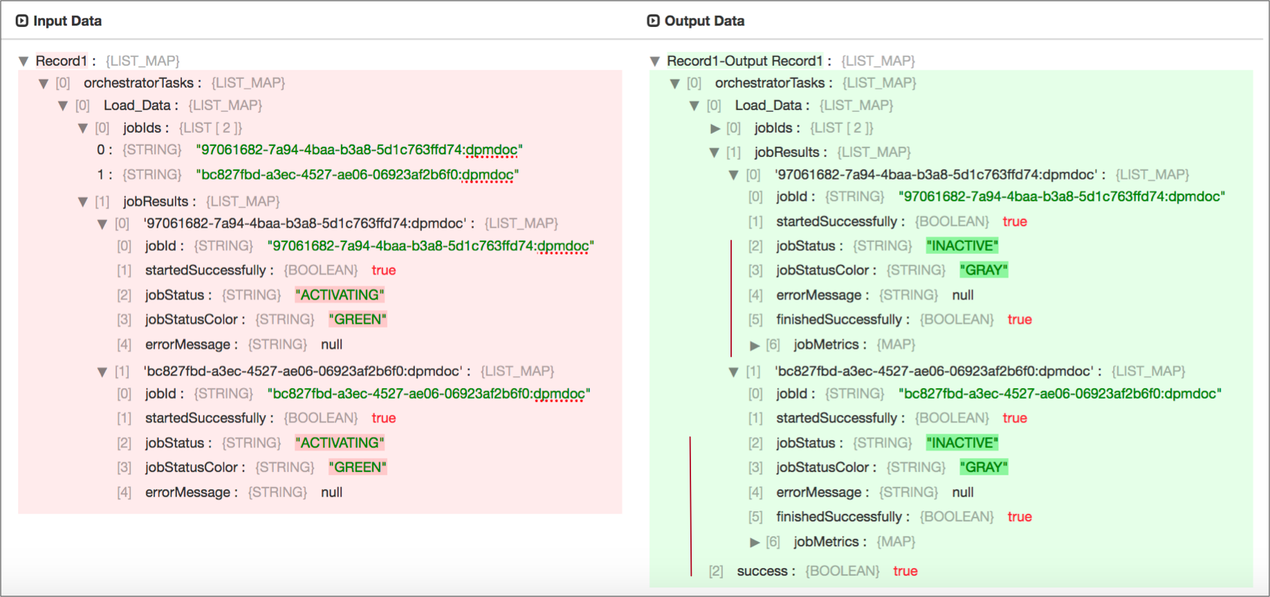 Preview showing the fields that a Wait for Jobs processor adds and updates