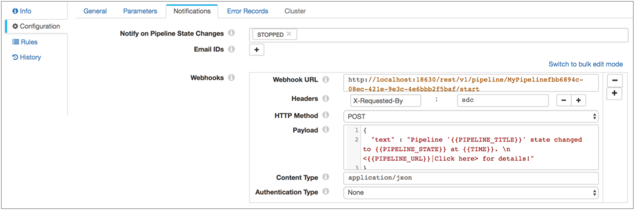 Notifications properties page showing a webhook configured to start the pipeline
