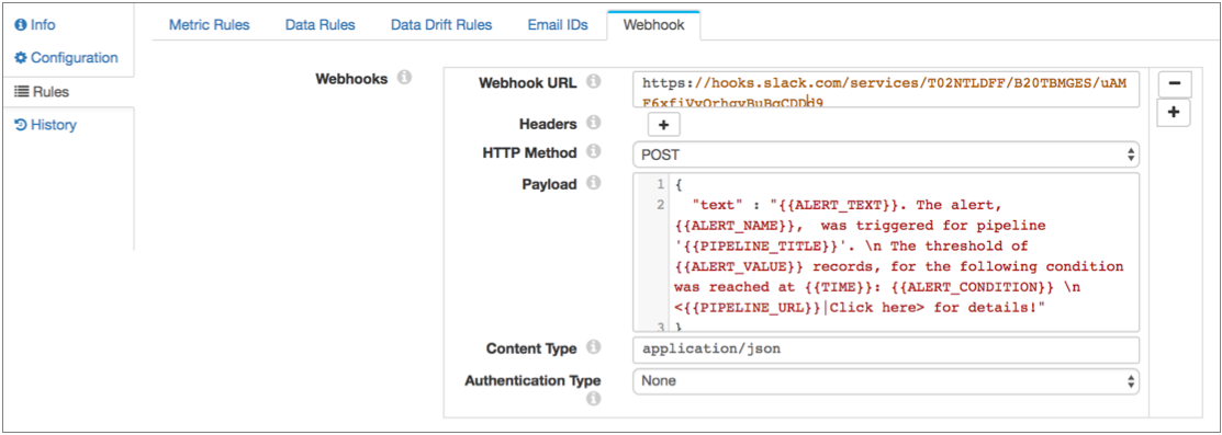 Webhook properties page showing a Slack alert webhook