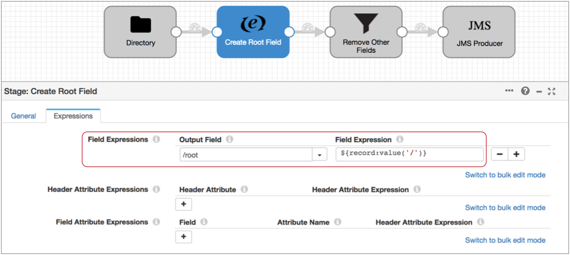 Expression Evaluator properties page showing a configured field expression of "${record:value('/')}"