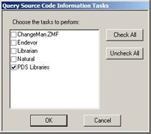 This image shows the Query Source Code Information Tasks dialog box.