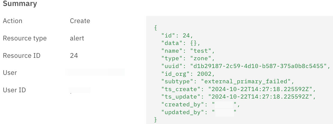 Summary of the create action and the log of the configurations.