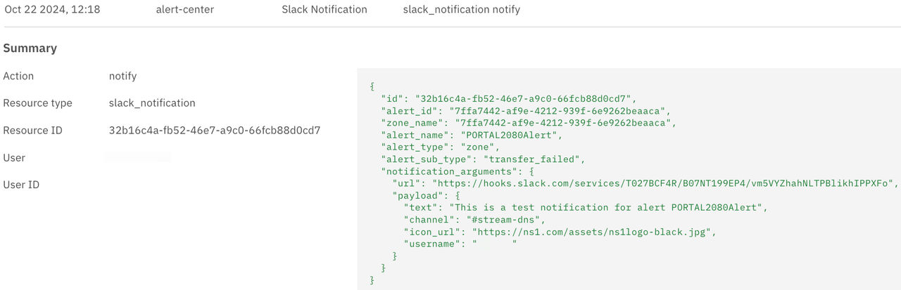 Summary of an alert and a log of the notification that was sent through Slack that a zone transfer failed
