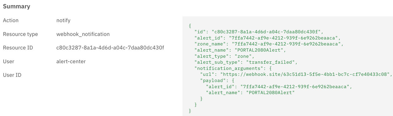 Summary of an alert and a log of the notification that was sent through a webhook indicating that the incoming zone transfer failed