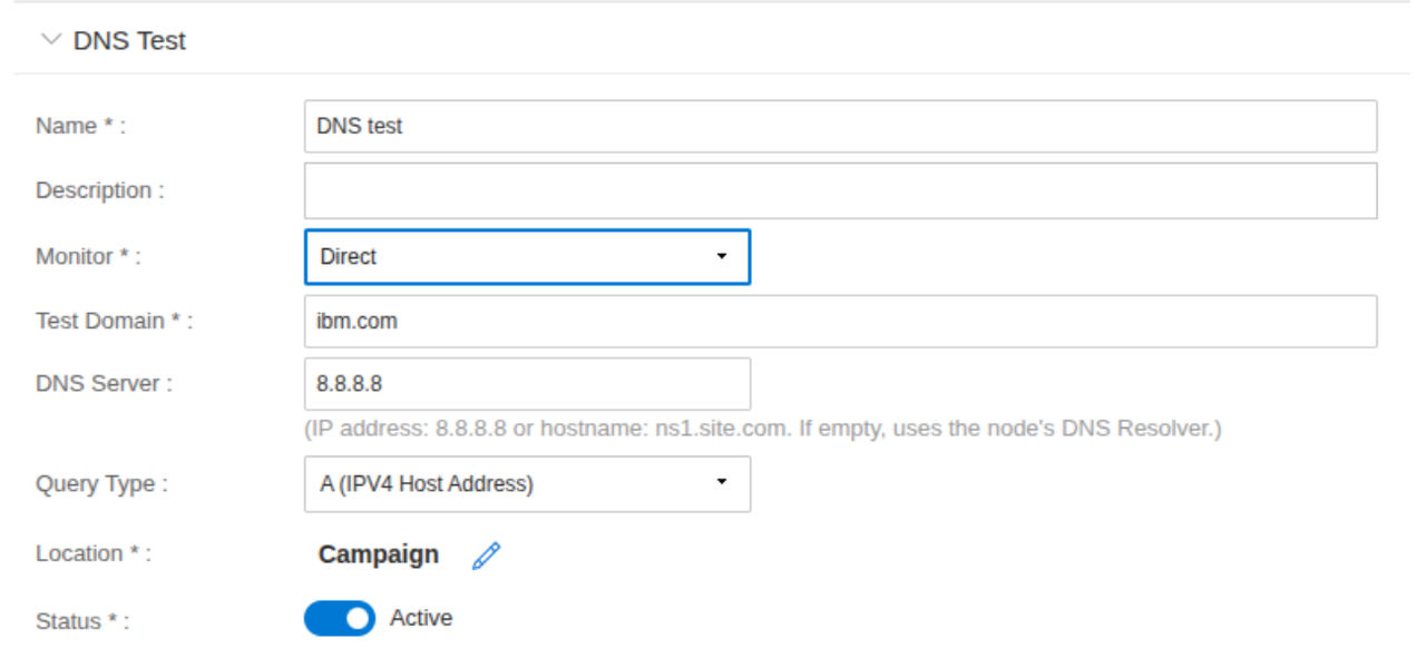 Example Catchpoint form for DNS type