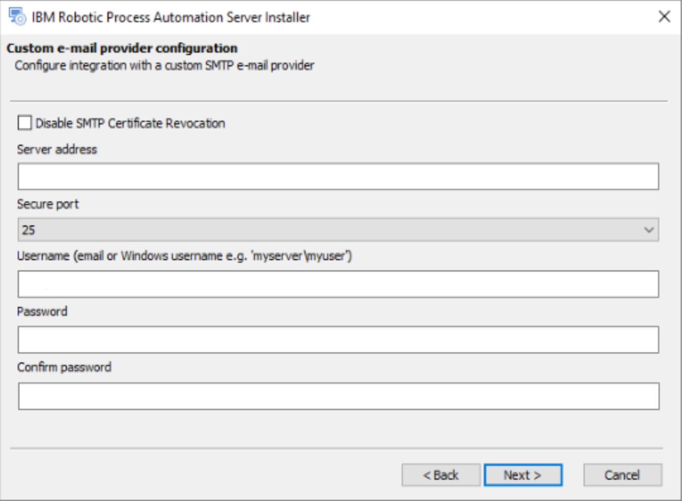 The screen shows the custom email provider configuration window.