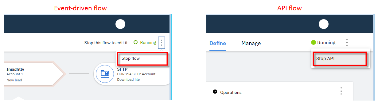Flow editor menu options to stop a flow Flow editor menu options to stop a flow