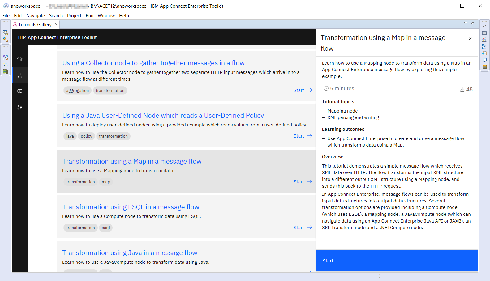 Screenshot of the "Transformation using a map in a message flow" tutorial Screenshot of the "Transformation using a map in a message flow" tutorial