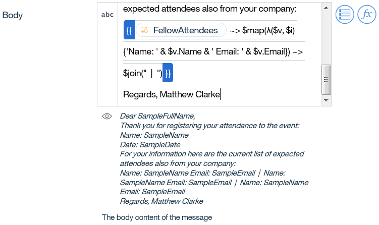The evaluated sample data showing the body content of the email message The evaluated sample data showing the body content of the email message