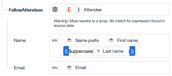 FellowAttendees mapping as an array, showing use of a JSONata expression FellowAttendees mapping as an array, showing use of a JSONata expression