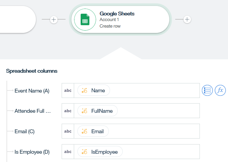 Set Variable node mappings used to insert data for a new spreadsheet row Set Variable node mappings used to insert data for a new spreadsheet row