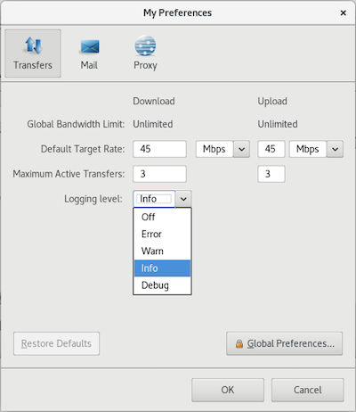 My Preferences modal. Logging levels, Off, Error, Warn, Info, Debug