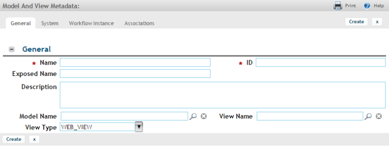 Example of a blank model-and-view metadata form