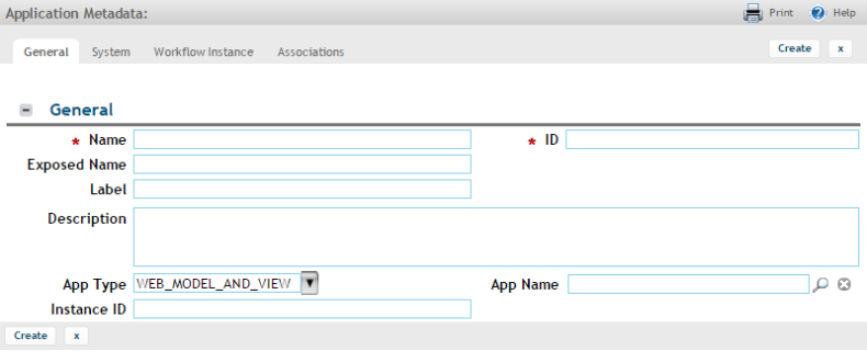 Example of a blank application metadata form