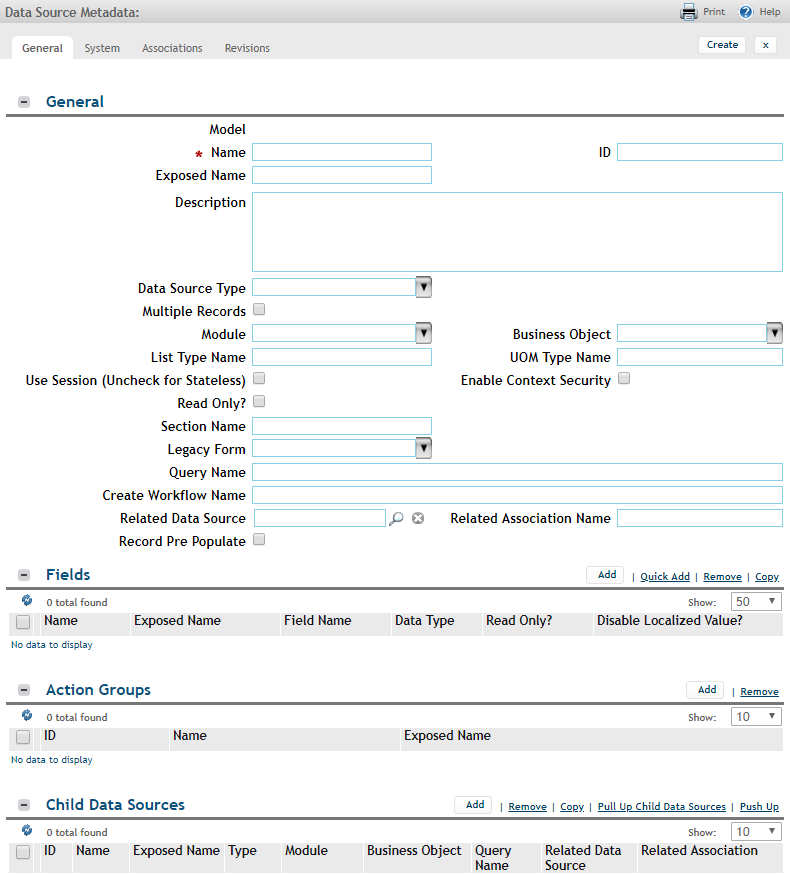 Example of a blank data source metadata form