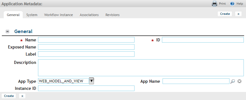 Example of a blank application metadata form