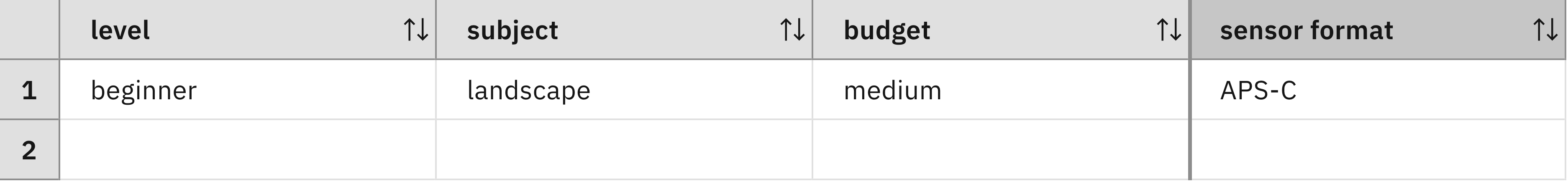 A decision table with one row and four columns